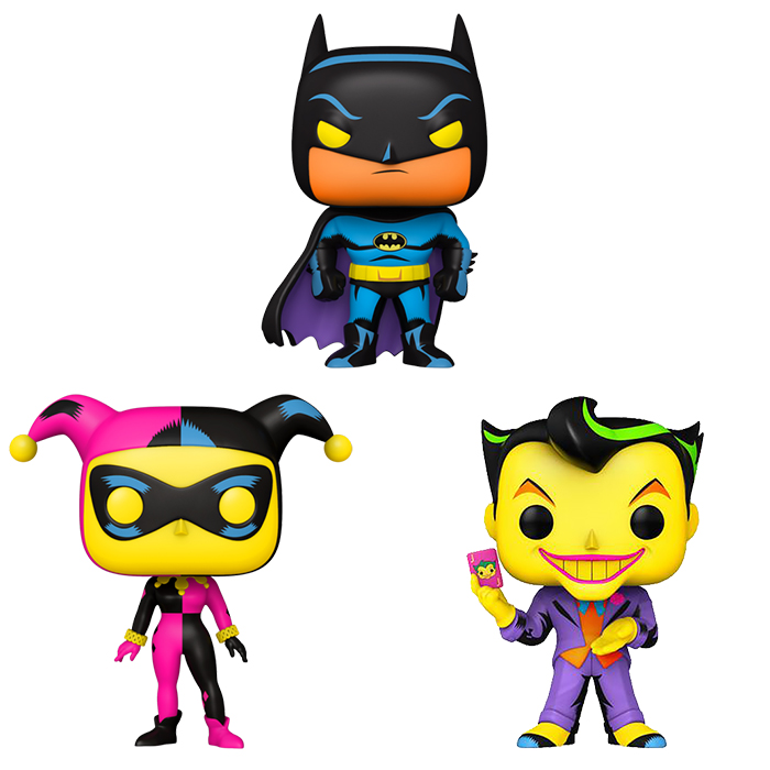 Funko Pop Blacklight Batman #369, Joker #370 and Harley Quinn #371 outlet FULL SET